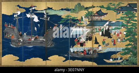 Cette vif peinture japonaise Namban, attribuée à Kano Sanraku à la fin du XVIe ou au début du XVIIe siècle, représente l'arrivée des commerçants portugais au Japon. Le panneau de gauche montre une grande charrette européenne avec équipage, tandis que le panneau de droite illustre l'activité animée sur le rivage alors que les marchands étrangers débarquent et interagissent avec les habitants près de l'architecture japonaise traditionnelle. Cette œuvre d'art capture magnifiquement un moment charnière d'échange culturel. Banque D'Images