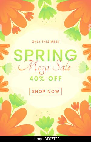 Bannière verticale de vente méga ressort avec illustration vectorielle de cadre floral orange. Illustration de Vecteur
