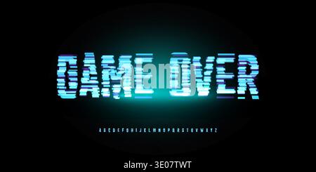 Digital Glitch font logo Alphabet Button, Turquoise Neon Glowing Light future Noise Effect Letters Signs Set, jeu informatique conception typographique Illustration de Vecteur