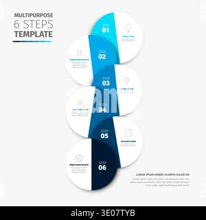 Ce modèle d'infographie comporte six étapes dans une mise en page circulaire professionnelle. Chacune des six étapes utilise des tons bleus pour visualiser votre infographie pr Illustration de Vecteur