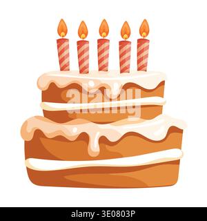 Tranche de gâteau d'anniversaire avec cinq bougies allumées illustration. Dessert en couches sucré avec glaçage crémeux isolé sur fond blanc, vecteur plat festif Illustration de Vecteur