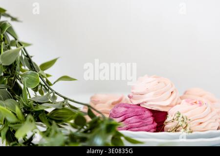 Cassis artisanal et pomme zéphyr Marshmallows avec des feuilles vertes sur plaque blanche intérieur lumineux Banque D'Images