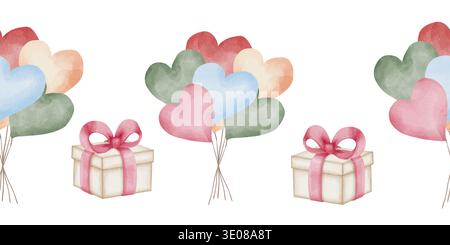 Bordure d'aquarelle sans couture avec des ballons en forme de coeur et des boîtes-cadeaux sur ruban rouge, idéal pour les bannières d'anniversaire festives, les conceptions romantiques de la Saint-Valentin, les décorations de fête de pépinière. Fond blanc Banque D'Images