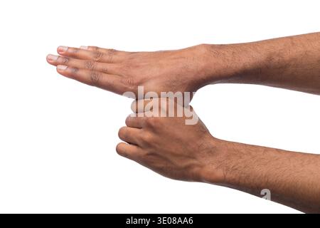 Mains masculines noires isolées sur blanc Banque D'Images