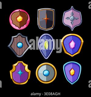 Boucliers de fantaisie de dessin animé vectoriel colorés définis pour l'interface de jeu Illustration de Vecteur