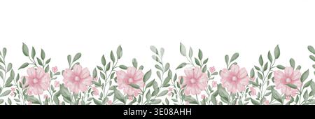 Bordure d'aquarelle sans couture avec marguerites roses et feuilles vertes sur fond blanc. Illustration florale pour bannières, cartes postales, design de papier peint, décoration intérieure. Banque D'Images