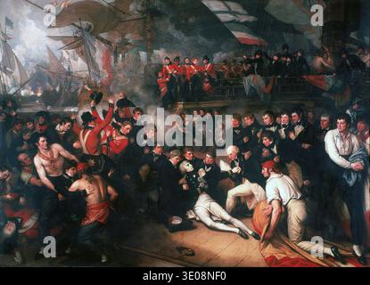 Cette peinture à l'huile dramatique, intitulée « la mort de Nelson », de Benjamin West, représente la blessure mortelle du vice-amiral Horatio Nelson lors de la bataille de Trafalgar en 1805. La scène se déroule sur le quaterdeck du H.M.S. Victory au milieu du chaos d'une bataille navale, avec Nelson s'effondrant dans les bras de ses officiers. Banque D'Images