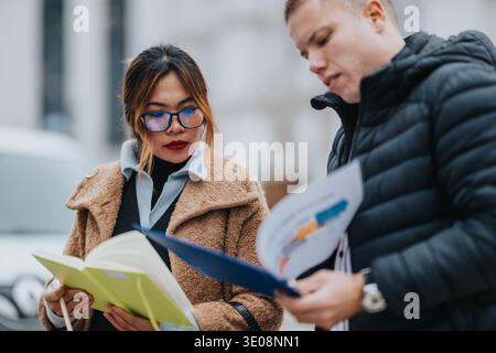Deux professionnels examinent des documents ensemble dans une rue de la ville pendant une journée fraîche Banque D'Images