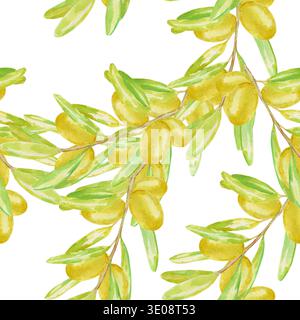 Motif botanique aquarelle sans couture peint à la main de brindilles d'olive avec des olives jaunes chaudes et un feuillage vert clair frais. Parfait pour les textiles d'été Banque D'Images