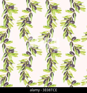 Motif aquarelle sans couture avec branches d'oliviers avec olives noires et feuilles vertes sur blanc. Parfait pour les emballages alimentaires méditerranéens, l'huile d'olive Banque D'Images