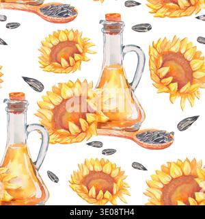 Motif aquarelle sans couture avec tournesols, carafes d'huile en verre, cuillères en bois et graines de tournesol sur blanc. Parfait pour les textiles de cuisine, huile biologique Banque D'Images