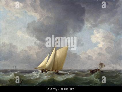 « A Cutter in a Strong Breeze » de Charles Brooking, datant des années 1750, capture un paysage marin spectaculaire avec un cutter à deux mâts naviguant sur des vagues agitées sous un ciel turbulent. Cette peinture à l'huile met en valeur la représentation magistrale de l'action maritime et des conditions atmosphériques au XVIIIe siècle. Banque D'Images
