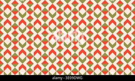 Motif géométrique sans couture avec des triangles rouges et verts et des diamants dans un arrangement rythmique inspiré des tribus. Ce vecteur moderne tileable dos Illustration de Vecteur