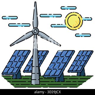 Éolienne et quatre panneaux solaires sur le champ vert avec le soleil jaune et les nuages bleus sur fond blanc, illustration de style cartoon plat Illustration de Vecteur