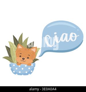 Chien mignon yorkshire terrier se cachant dans le pot de fleurs. Traduction française pour Ciao is Hello Illustration de Vecteur