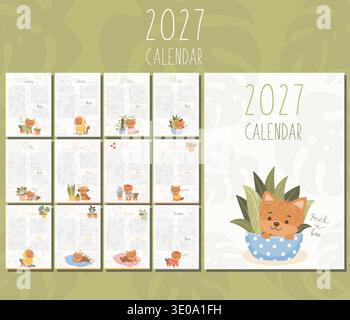 Modèle de calendrier imprimable 2027 avec des illustrations de chiot yorkshire terrier mignonnes et des plantes d'intérieur. Disposition de planificateur vectoriel parfait pour la papeterie, plann Illustration de Vecteur