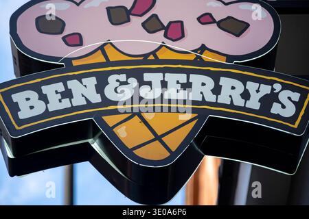 Signez pour la marque de crème glacée Ben & Jerrys le 2 mars 2026 à Londres, Royaume-Uni. Banque D'Images