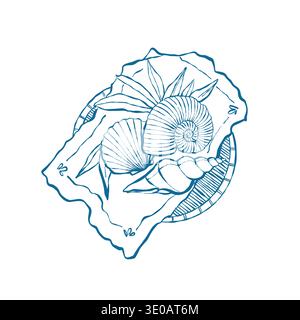 Illustration de coquillages dessinés à la main reposant sur une assiette. Clip art de plage d'été en bleu. Illustration vectorielle de contour. Illustration de Vecteur