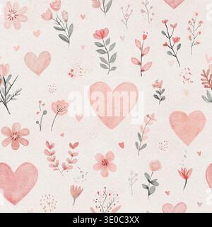 Motif aquarelle sans couture avec des coeurs roses et des fleurs délicates sur fond de papier texturé Banque D'Images