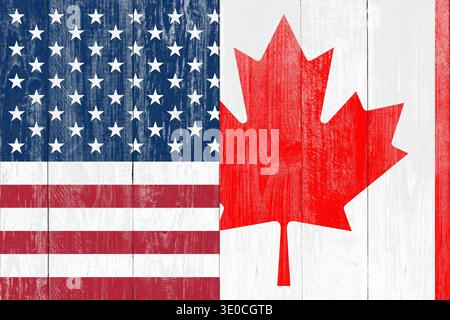 Drapeaux nationaux des États-Unis et du Canada sur planches de bois Banque D'Images