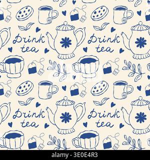 Bleu Seamless Breakfast Pattern avec théière, tasses à thé, tasses, biscuits et texte boisson thé. Arrière-plan vectoriel dessiné à la main Illustration de Vecteur