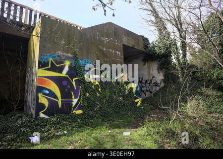 Structure en béton avec un escalier, peint avec des graffitis, dans un parc par une journée ensoleillée Banque D'Images