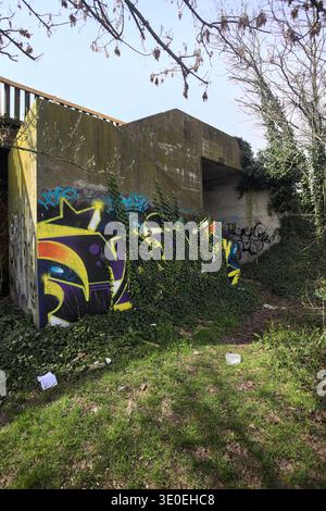 Structure en béton avec un escalier, peint avec des graffitis, dans un parc par une journée ensoleillée Banque D'Images