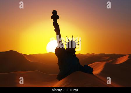 Silhouette spectaculaire de la Statue de la liberté à moitié enterrée dans des dunes désertiques sans fin au coucher du soleil. Concept de changement climatique, sécheresse, catastrophe environnementale Banque D'Images