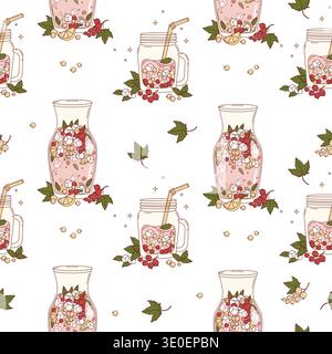 Motif sans couture avec des boissons au Currant rouge et blanc dans un pichet en verre, un pot Mason et des carafes sur fond blanc. Cocktail frais avec glace , baies, min Illustration de Vecteur