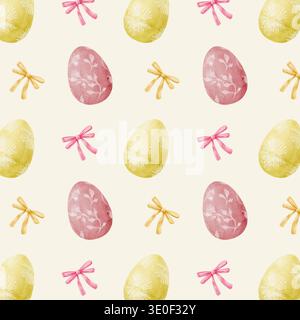 Motif sans couture aquarelle de Pâques. Oeufs et arcs de Pâques roses et jaunes. Joli motif dessiné à la main pour le design et la décoration. Papier d'emballage, textiles. Banque D'Images