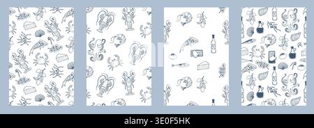 Ensemble de motifs sans couture d'inspiration vintage avec pizza, vin, sardines, tomates et icônes de la cuisine italienne dans un style ludique doodle. Illustration de Vecteur