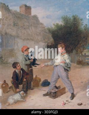 Cette peinture à l'huile du XIXe siècle d'Edmund Bristow, intitulée « le piège à rats », représente trois garçons et leurs animaux de compagnie engagés dans une rencontre ludique, mais quelque peu espiègle, avec un piège à rats à l'extérieur d'un chalet au toit de chaume. Un garçon tient un chat noir, un autre s'agenouille avec un chien blanc en laisse, tandis que le troisième garçon fait des gestes avec un bâton vers le piège, suggérant une interaction ou un jeu imminent, capturant un moment d'enfance rurale. Banque D'Images