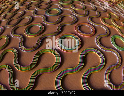 Rendu 3D d’une surface décorative abstraite composée de bandes plastiques colorées disposées en spirales, formes circulaires et lignes courbes fluides. Banque D'Images