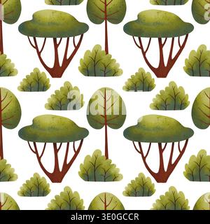 Modèle sans couture avec des arbres verts. Illustration d'aquarelle dessinée à la main pour les enfants. Banque D'Images