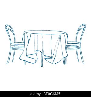 Une illustration fantaisiste et dessinée à la main d'un ensemble de salle à manger. Une table ronde vintage classique avec une nappe et deux chaises. Dîner romantique. Illustration vectorielle en bleu Illustration de Vecteur