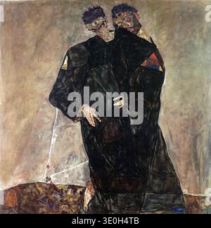 Cette impressionnante peinture expressionniste à l'huile sur toile, intitulée 'The Hermits' (également connu sous le nom de 'Der Eremiten'), a été créée par l'artiste autrichien Egon Schiele en 1912. Il représente deux personnages sombres et manquant, l'un avec le visage de l'artiste, vêtus de robes sombres, incarnant des thèmes d'isolement et d'introspection. Banque D'Images