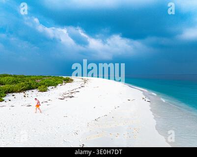 Vue aérienne d'une figure solitaire en short orange vif se promène le long du sable blanc immaculé rencontrant l'océan turquoise sous un ciel spectaculaire, Hoarafu Banque D'Images