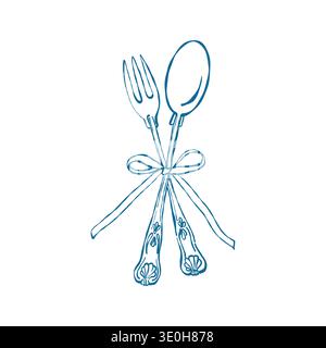 Cuillère vintage et fourchette nouées avec un noeud. Couverts rétro. Illustration vectorielle en bleu. Illustration de Vecteur