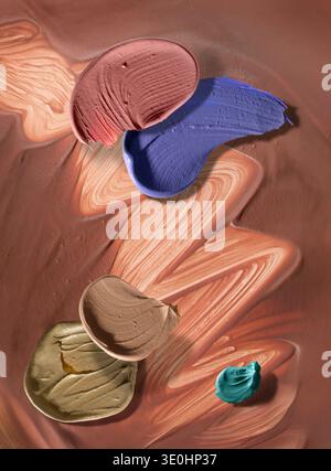 Une composition vibrante et verticale de tampons de maquillage crémeux en terre cuite, bleu royal et turquoise. Textures artistiques pour les marques de beauté. Banque D'Images