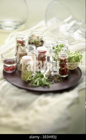 Une collection organisée de germes de haricots mungo et de radis dans des bocaux en verre artisanaux. Une histoire botanique technique de germination, de vitalité et de slow living. Banque D'Images