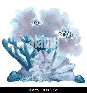 Une composition marine carrée de coraux bleus avec une coquille argentée et des poissons sur un fond de taches, dessinée à la main à l'aquarelle sur un backgro isolé Banque D'Images