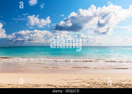 Belle plage tropicale à Punta Cana, République dominicaine avec sable blanc et turquoise mer des Caraïbes sous ciel bleu avec nuages. Parfait trav d'été Banque D'Images
