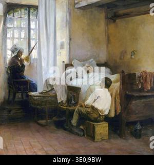 Ce tableau, « le premier né », de Gaston la touche de la fin du XIXe ou du début du XXe siècle, représente une scène domestique tranquille avec une nouvelle mère au lit, un homme assis à ses côtés et une femme plus âgée regardant vers une bassinette. L’œuvre capte un tendre moment de contemplation et de nouvelle vie dans une pièce ensoleillée. Banque D'Images
