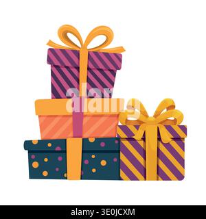 Pile colorée de boîtes cadeaux festives avec des rubans et des noeuds lumineux isolés sur fond blanc. Illustration vectorielle plate de cadeaux enveloppés Illustration de Vecteur