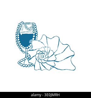 Doodle illustration d'un coquillage et d'un verre à vin avec des perles de perles. La coque spiralée est bleue. Illustration vectorielle dessinée à la main isolée sur un fond blanc. Illustration de Vecteur