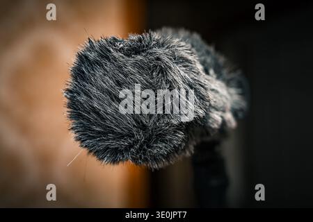 Gros plan de la bulle noire fourrée pour chat mort sur le microphone fusil pour l'enregistrement audio en extérieur de natures mortes Banque D'Images