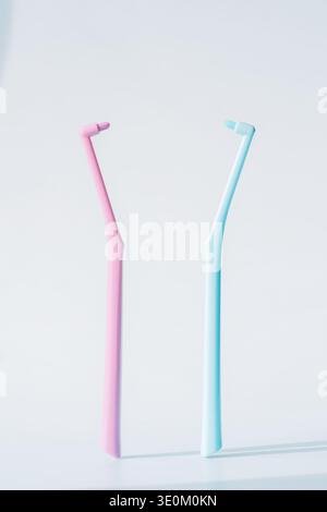 Deux brosses à dents simples touffes en rose et bleu sur fond clair, outils d'hygiène dentaire concept minimal Banque D'Images
