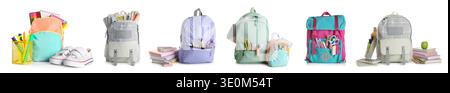 Ensemble de sacs à dos scolaires avec papeterie sur fond blanc Banque D'Images