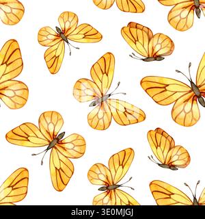 Motif sans couture avec des papillons jaunes délicats sur un fond blanc. Ce design léger et aéré est parfait pour les textiles sur le thème du printemps Banque D'Images