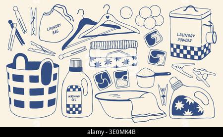 Collection de linge dessinée à la main avec gel de lavage, panier à linge, pinces à linge, dosettes de détergent. Ensemble de vecteurs de ligne bleue minimale méditerranéenne pour le lavage Illustration de Vecteur